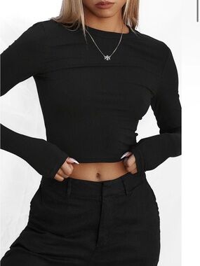 THE LUXE RIB LONG SLEEVE CROP ALL THINGS GOLDEN XS -BLACK